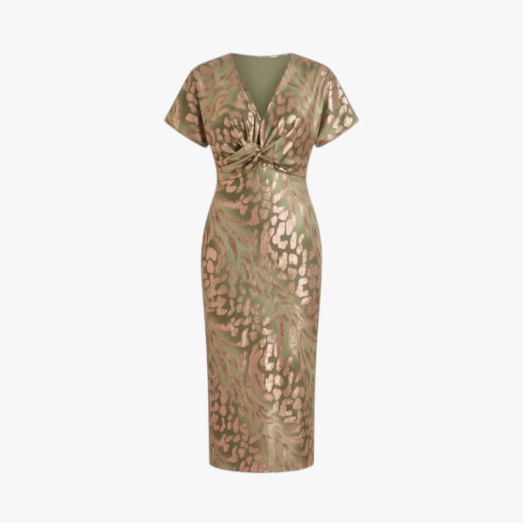 Dame Leopard Midi Kjole til Bryllup med V-Udskæring