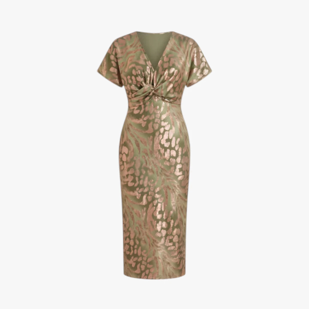 Dame Leopard Midi Kjole til Bryllup med V-Udskæring