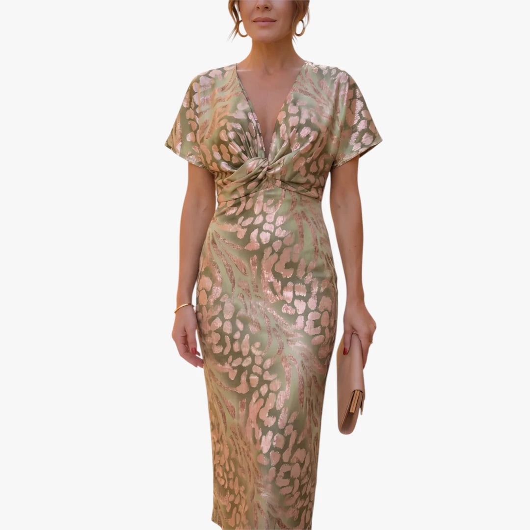 Dame Leopard Midi Kjole til Bryllup med V-Udskæring