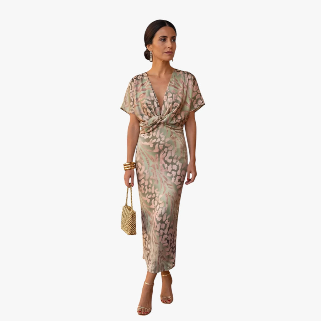 Dame Leopard Midi Kjole til Bryllup med V-Udskæring