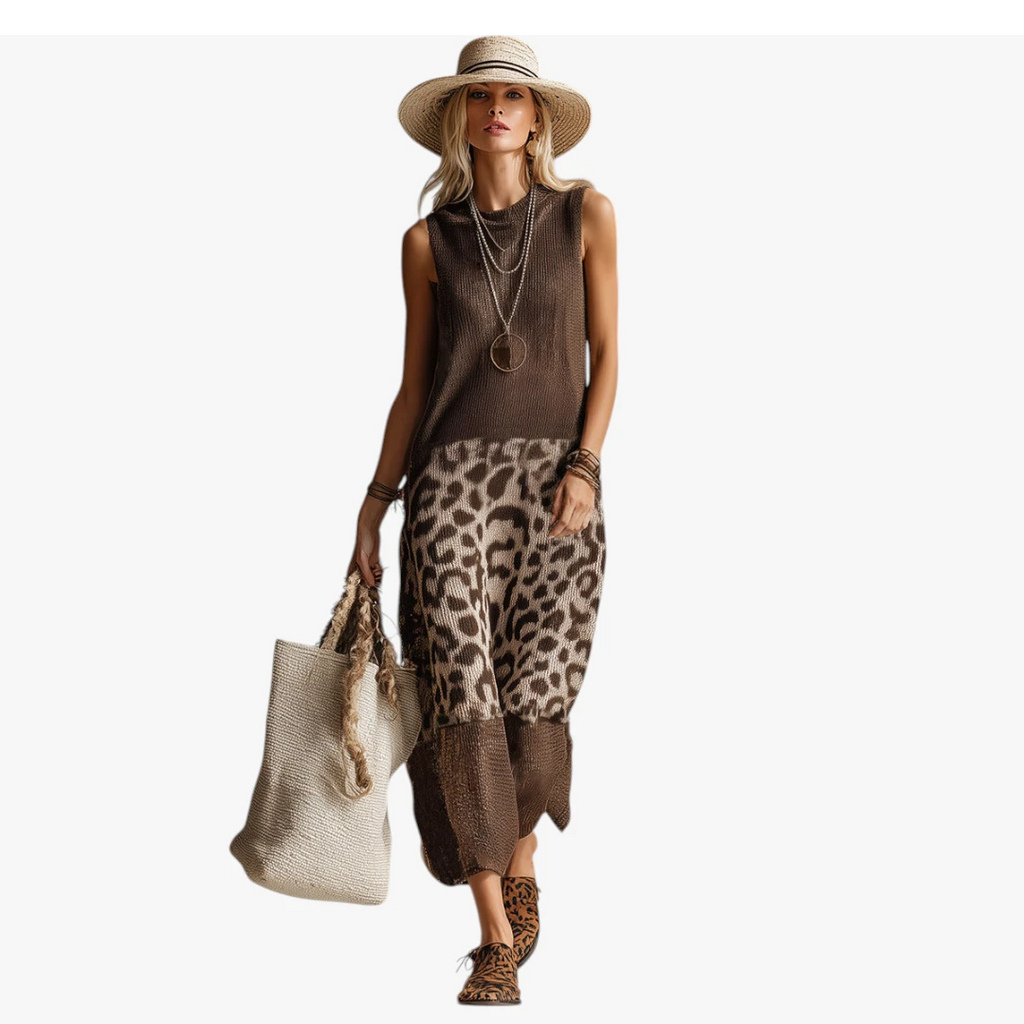 Dame Leopard Midi Sommerkjole med Uden Ærmer
