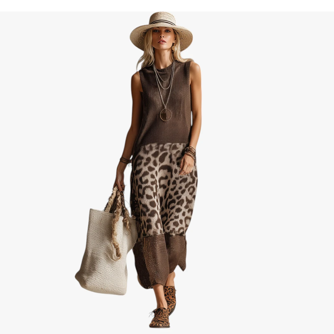 Dame Leopard Midi Sommerkjole med Uden Ærmer