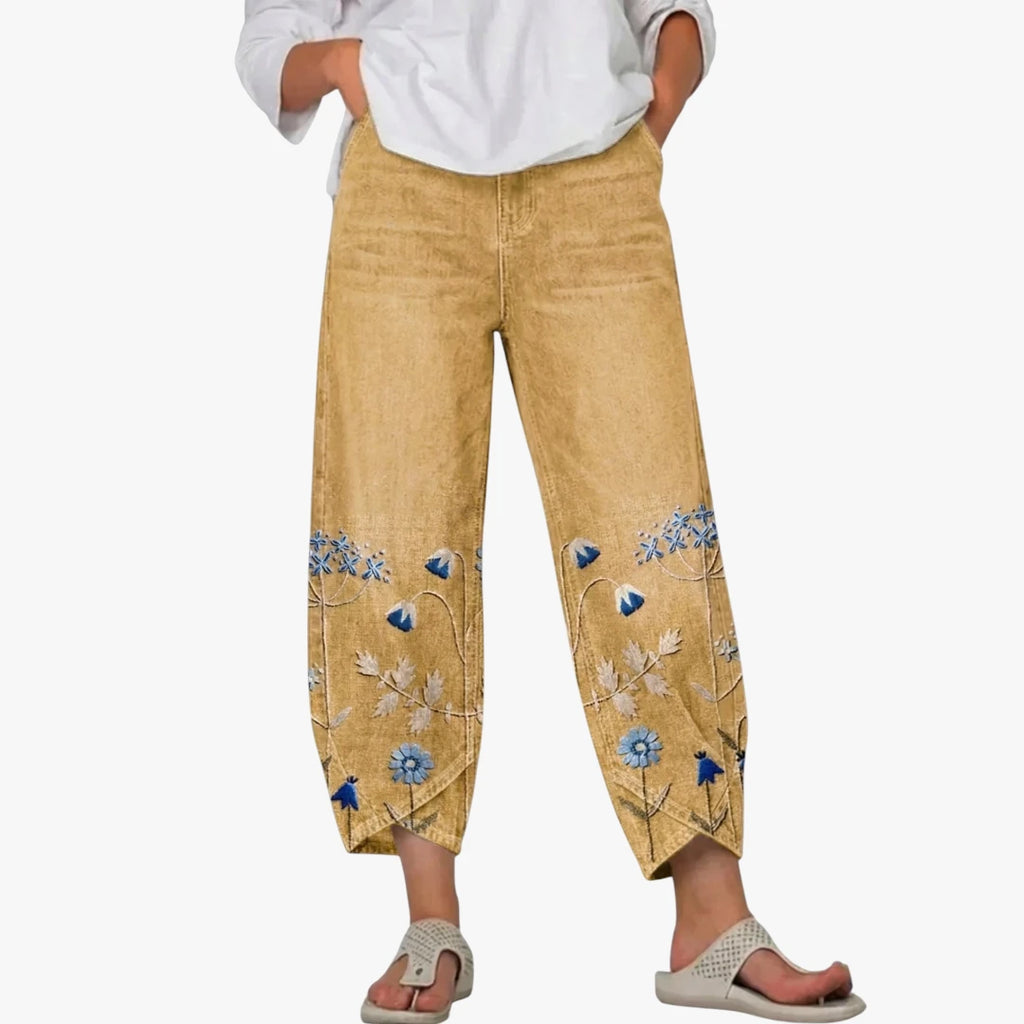 Dame Loose Fit Jeans med Blomsterdetaljer og Vide Ben