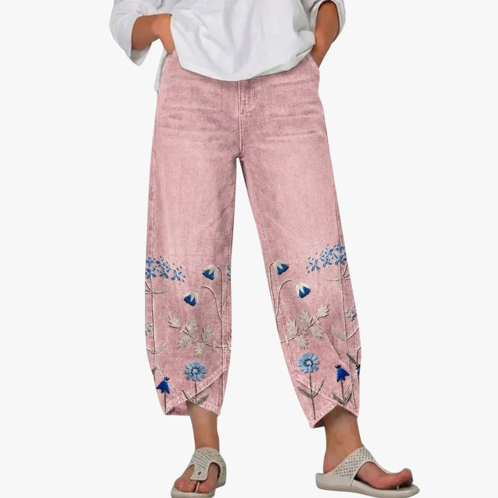 Dame Loose Fit Jeans med Blomsterdetaljer og Vide Ben