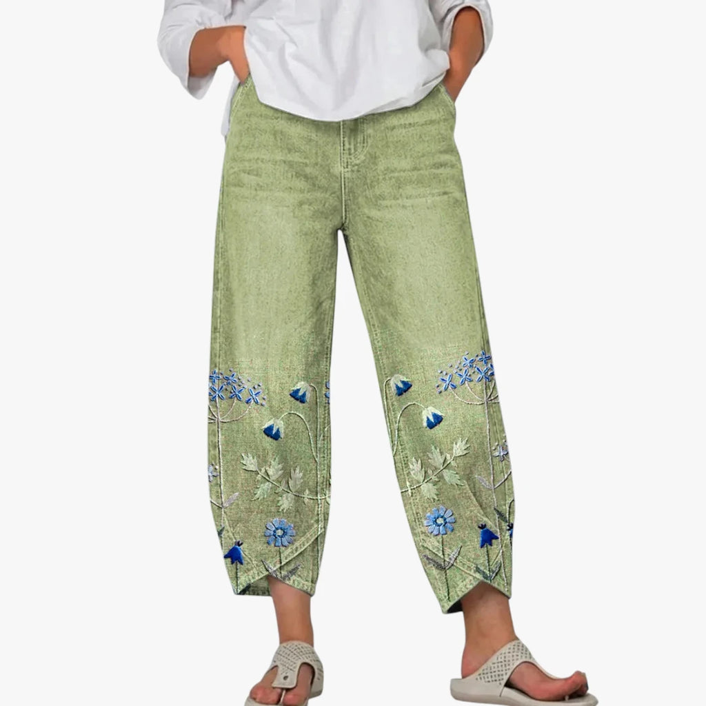 Dame Loose Fit Jeans med Blomsterdetaljer og Vide Ben