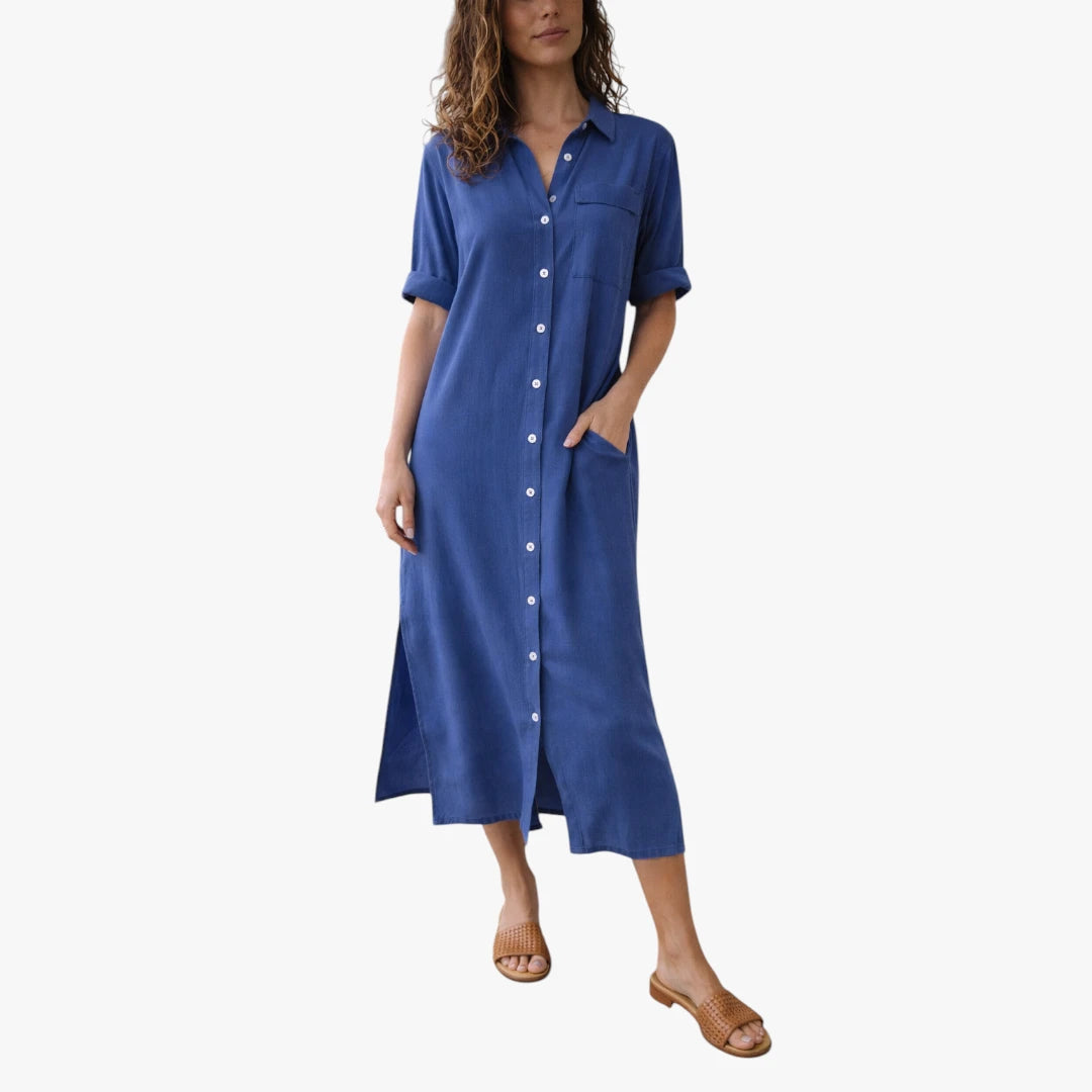 Dame Løs Midi Sommerkjole med Knapper og Lommer