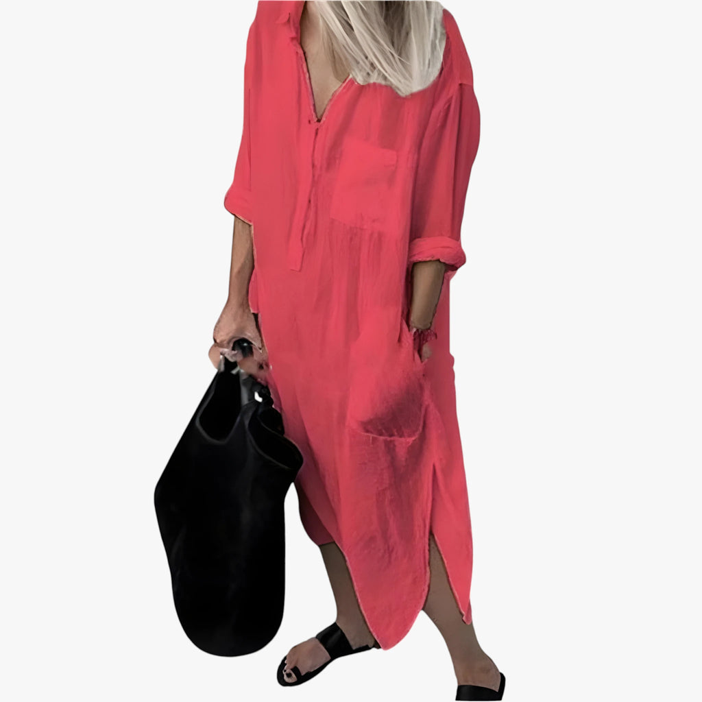 Dame Løs Midi Sommerkjole med Lange Ærmer