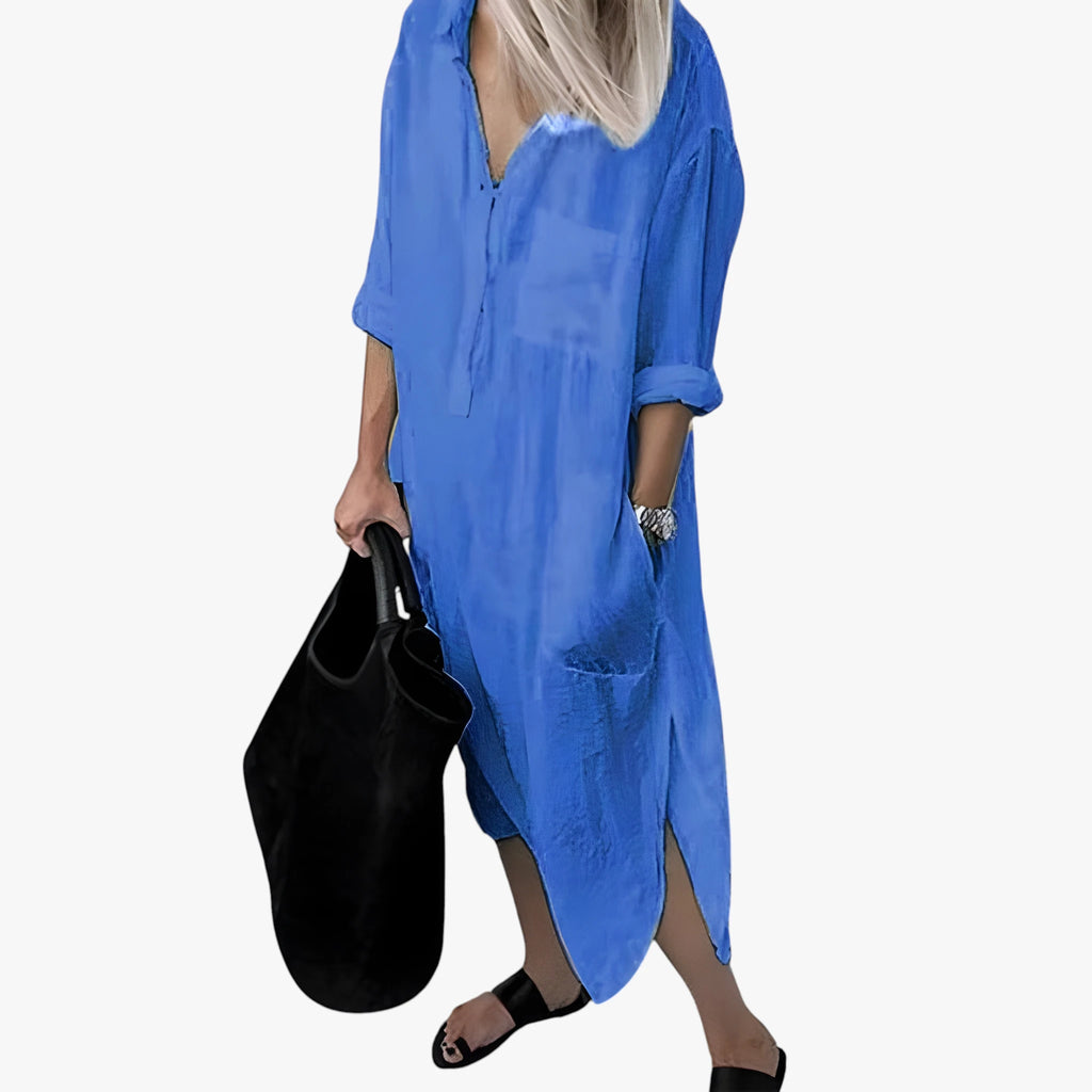 Dame Løs Midi Sommerkjole med Lange Ærmer