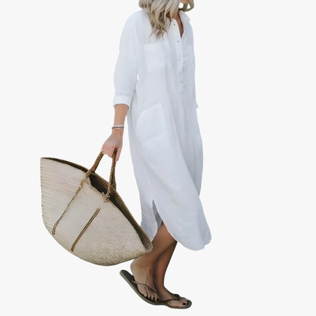 Dame Løs Midi Sommerkjole med Lange Ærmer