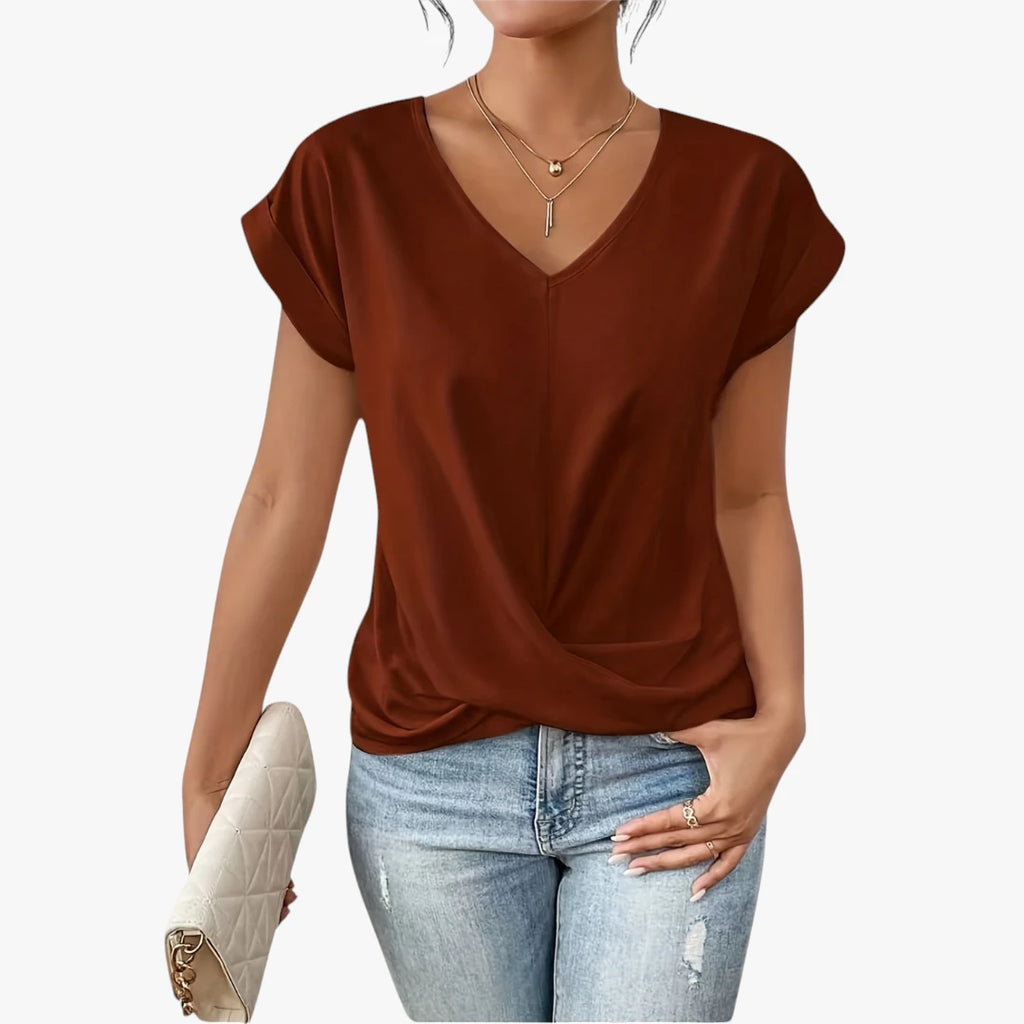 Dame Løs Sommerbluse med Knapper og V-Udskæring
