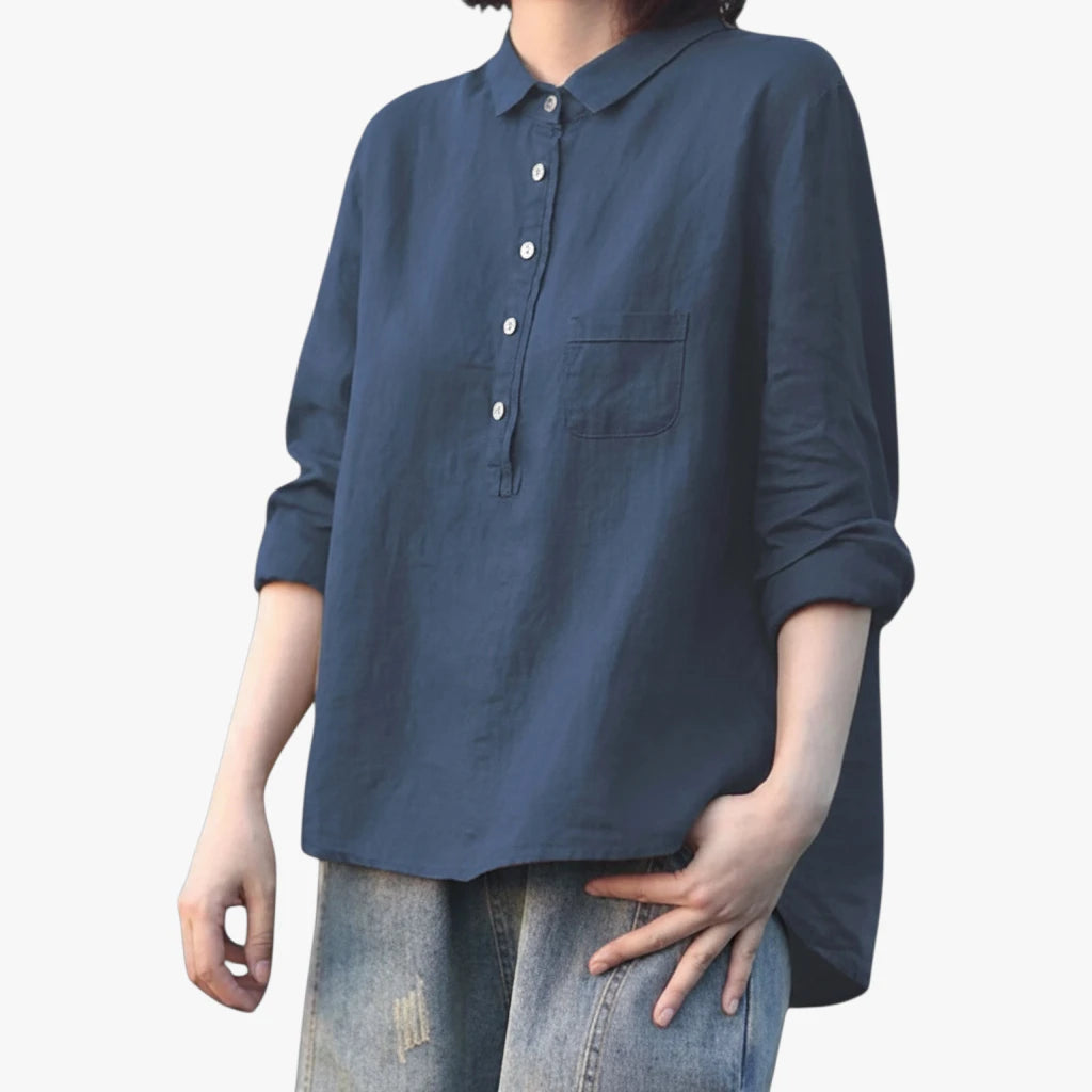 Dame Løs Sommerbluse med Langærmet Design og Lomme