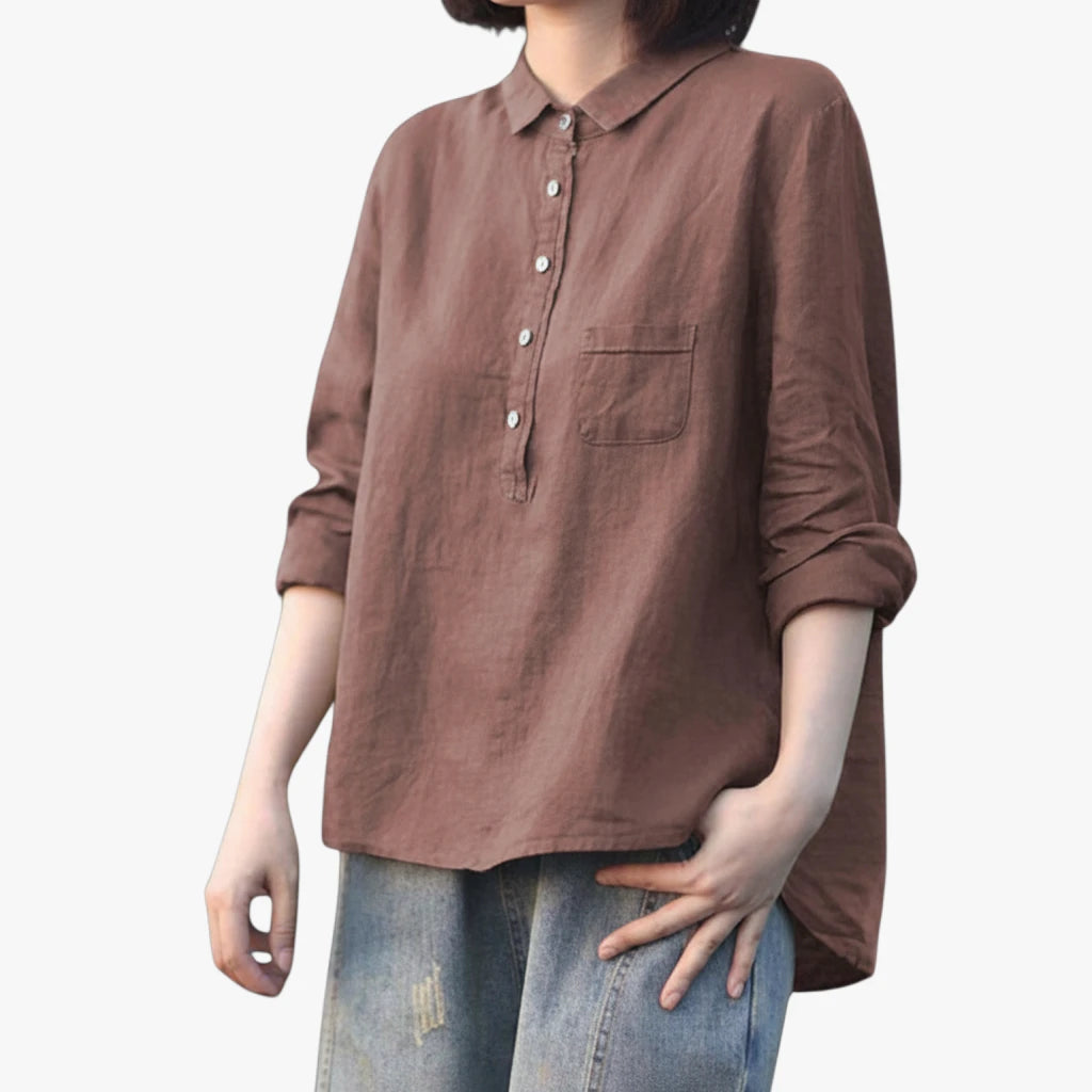 Dame Løs Sommerbluse med Langærmet Design og Lomme