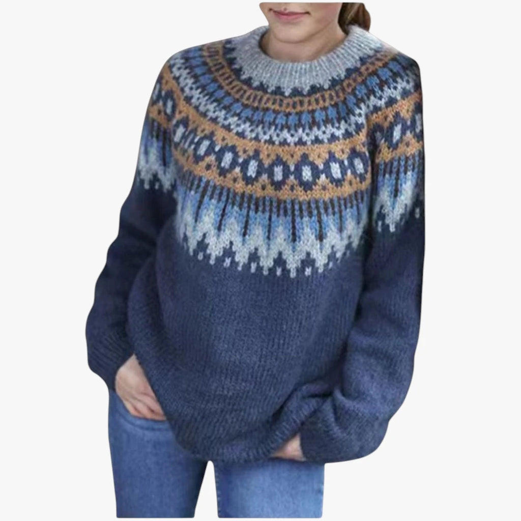 Dame Oversize Islandsk Sweater med Rund Hals