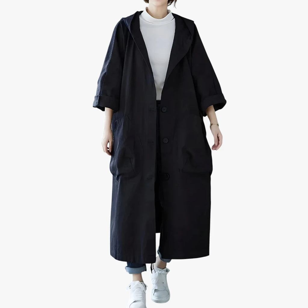 Dame Oversize Lang Frakke med Hætte