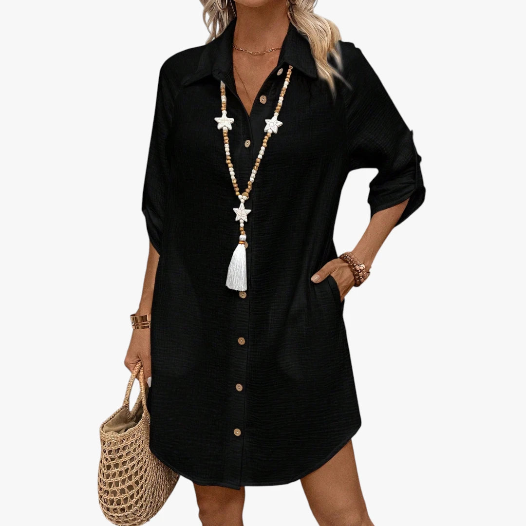 Dame Oversize Midi Sommerkjole med Knapper og Krave