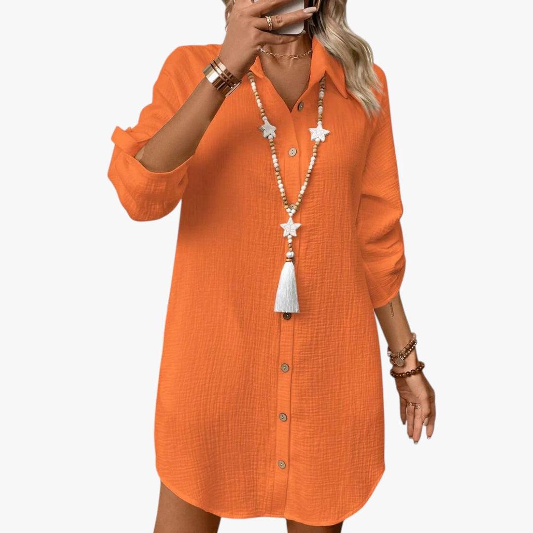 Dame Oversize Midi Sommerkjole med Knapper og Krave