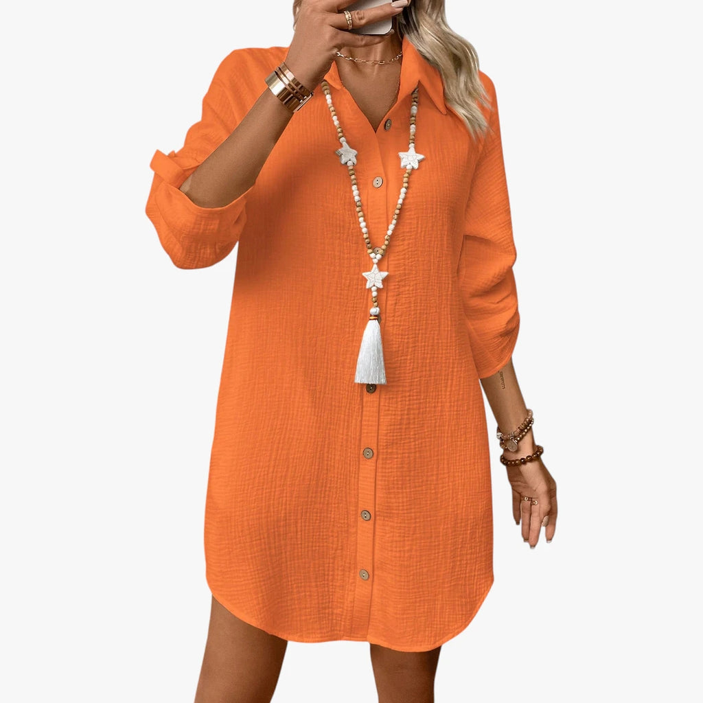 Dame Oversize Midi Sommerkjole med Knapper og Krave