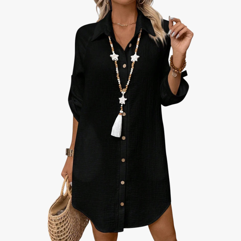 Dame Oversize Midi Sommerkjole med Knapper og Krave