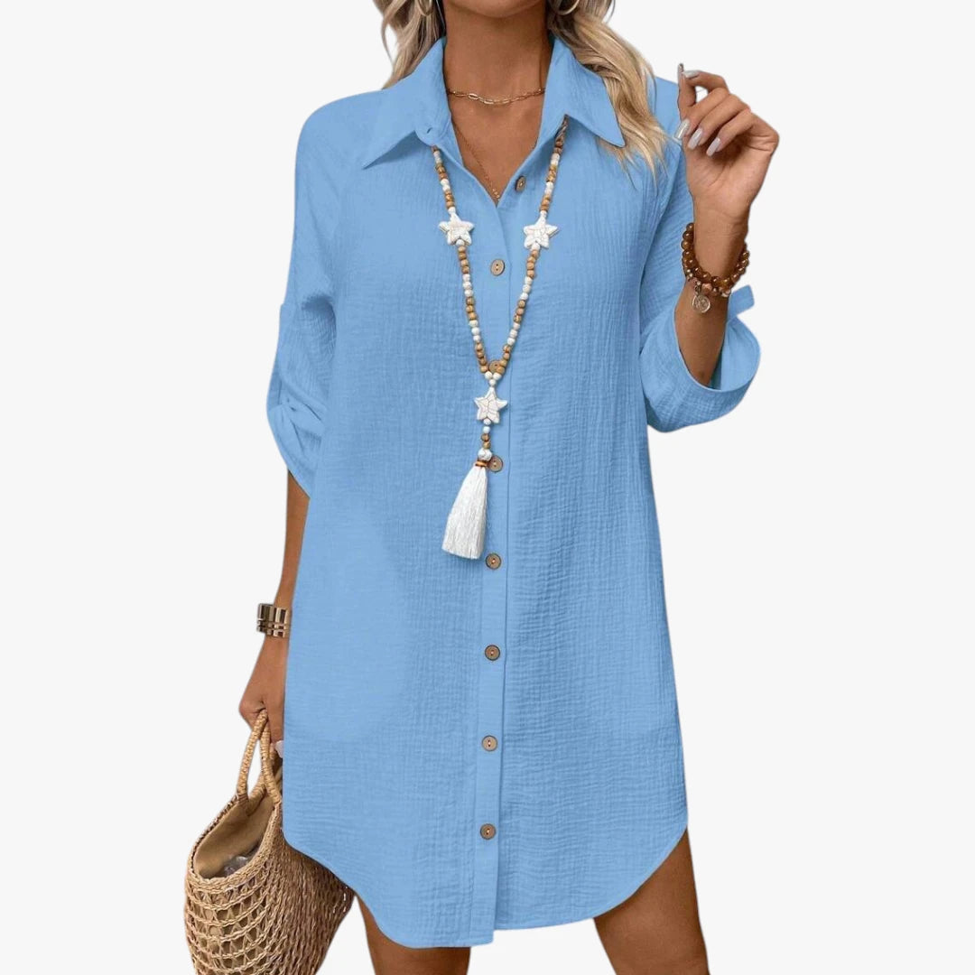 Dame Oversize Midi Sommerkjole med Knapper og Krave