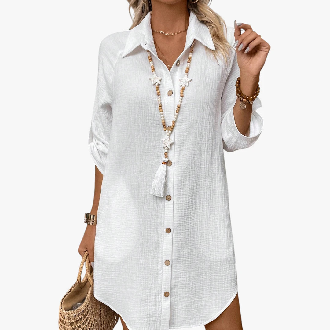 Dame Oversize Midi Sommerkjole med Knapper og Krave