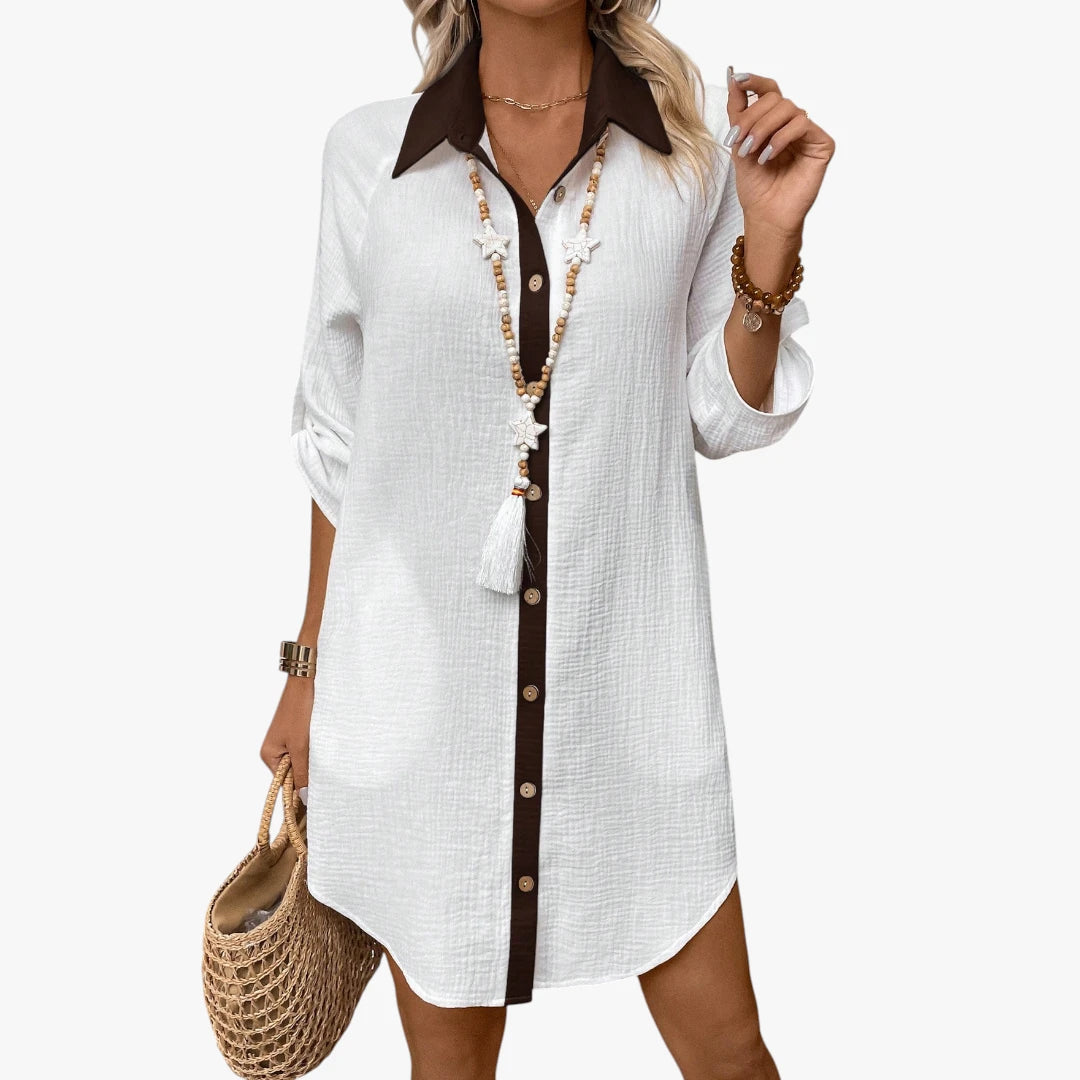 Dame Oversize Midi Sommerkjole med Knapper og Krave