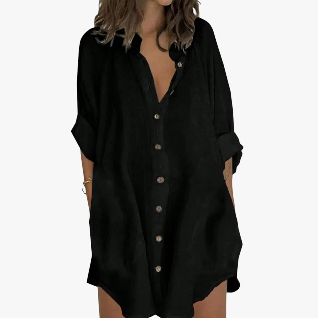 Dame Oversize Midi Sommerkjole med Knapper og Krave