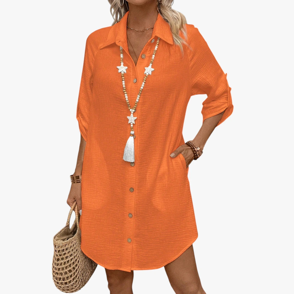 Dame Oversize Midi Sommerkjole med Knapper og Krave