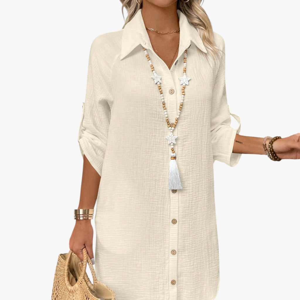 Dame Oversize Midi Sommerkjole med Knapper og Krave