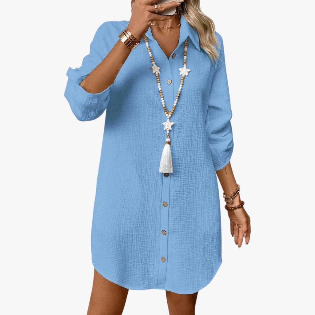 Dame Oversize Midi Sommerkjole med Knapper og Krave