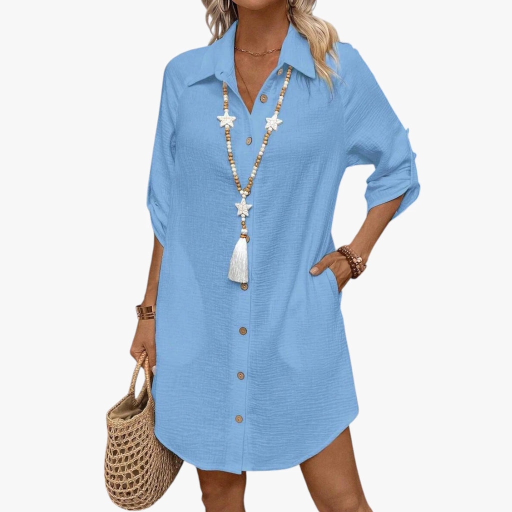 Dame Oversize Midi Sommerkjole med Knapper og Krave