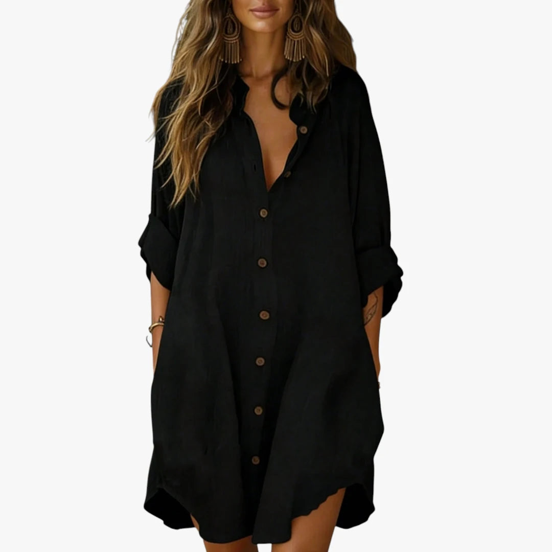 Dame Oversize Midi Sommerkjole med Knapper og Krave