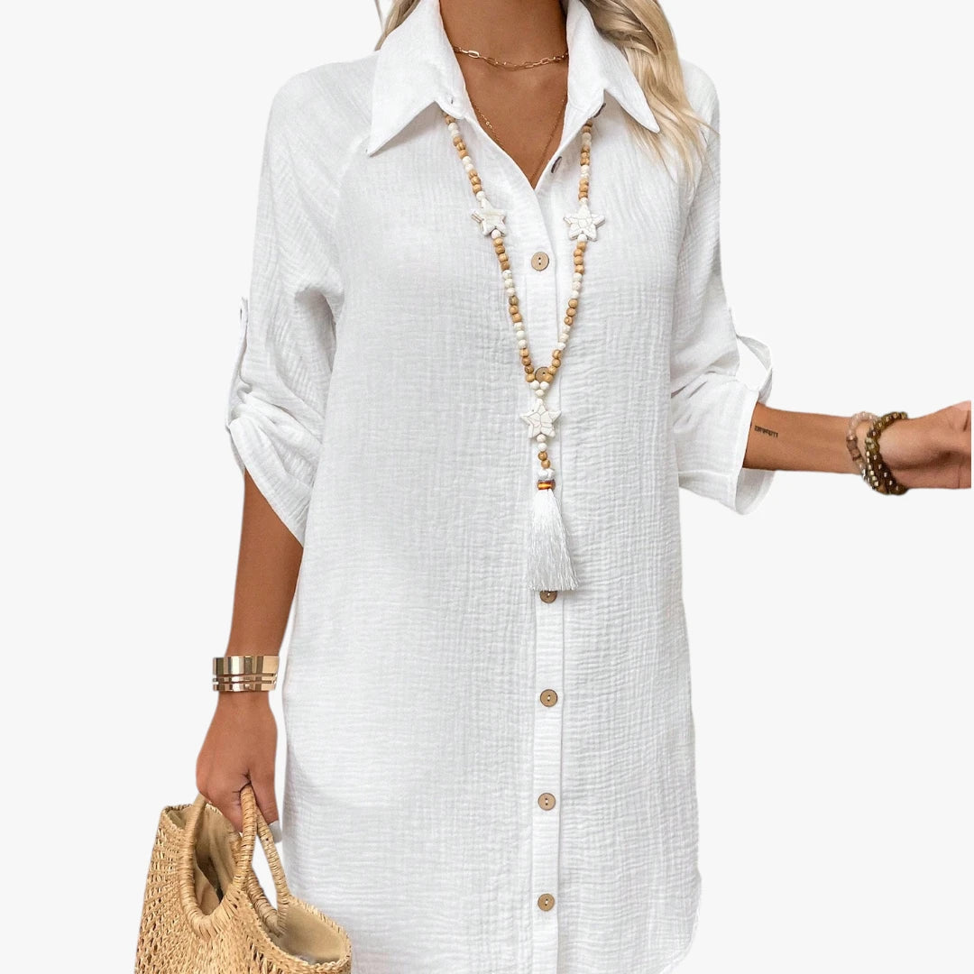 Dame Oversize Midi Sommerkjole med Knapper og Krave