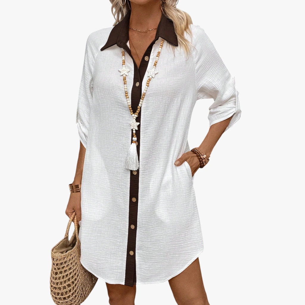 Dame Oversize Midi Sommerkjole med Knapper og Krave