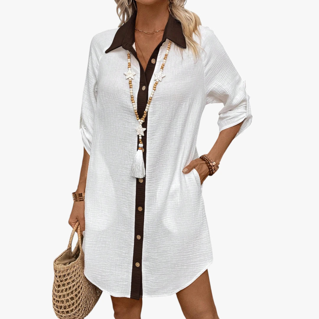 Dame Oversize Midi Sommerkjole med Knapper og Krave
