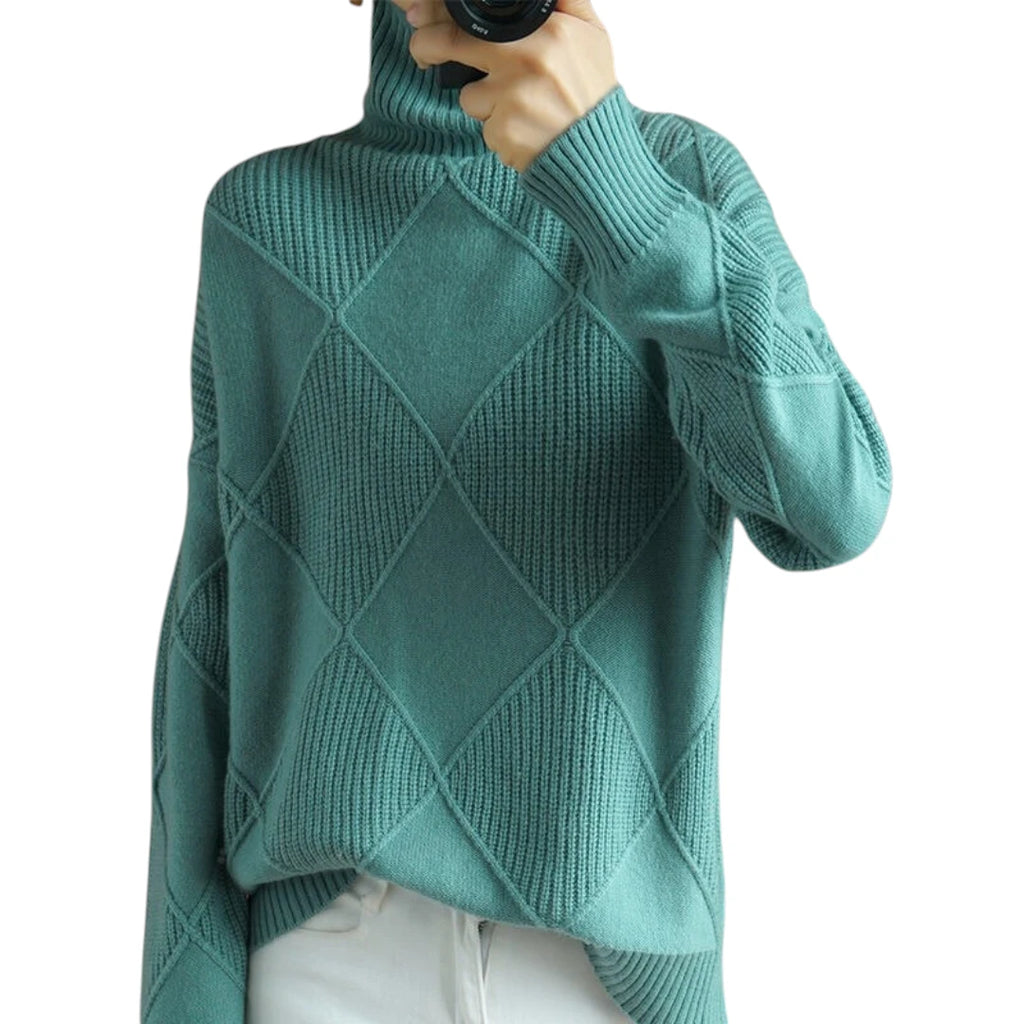 Dame Oversize Rullekrave Sweater med Ribbede Manchetter