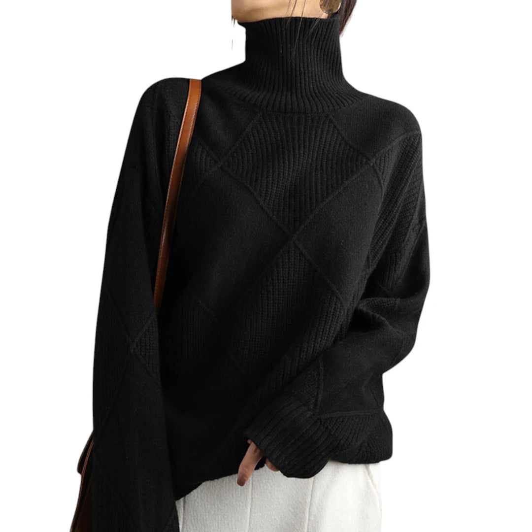 Dame Oversize Rullekrave Sweater med Ribbede Manchetter