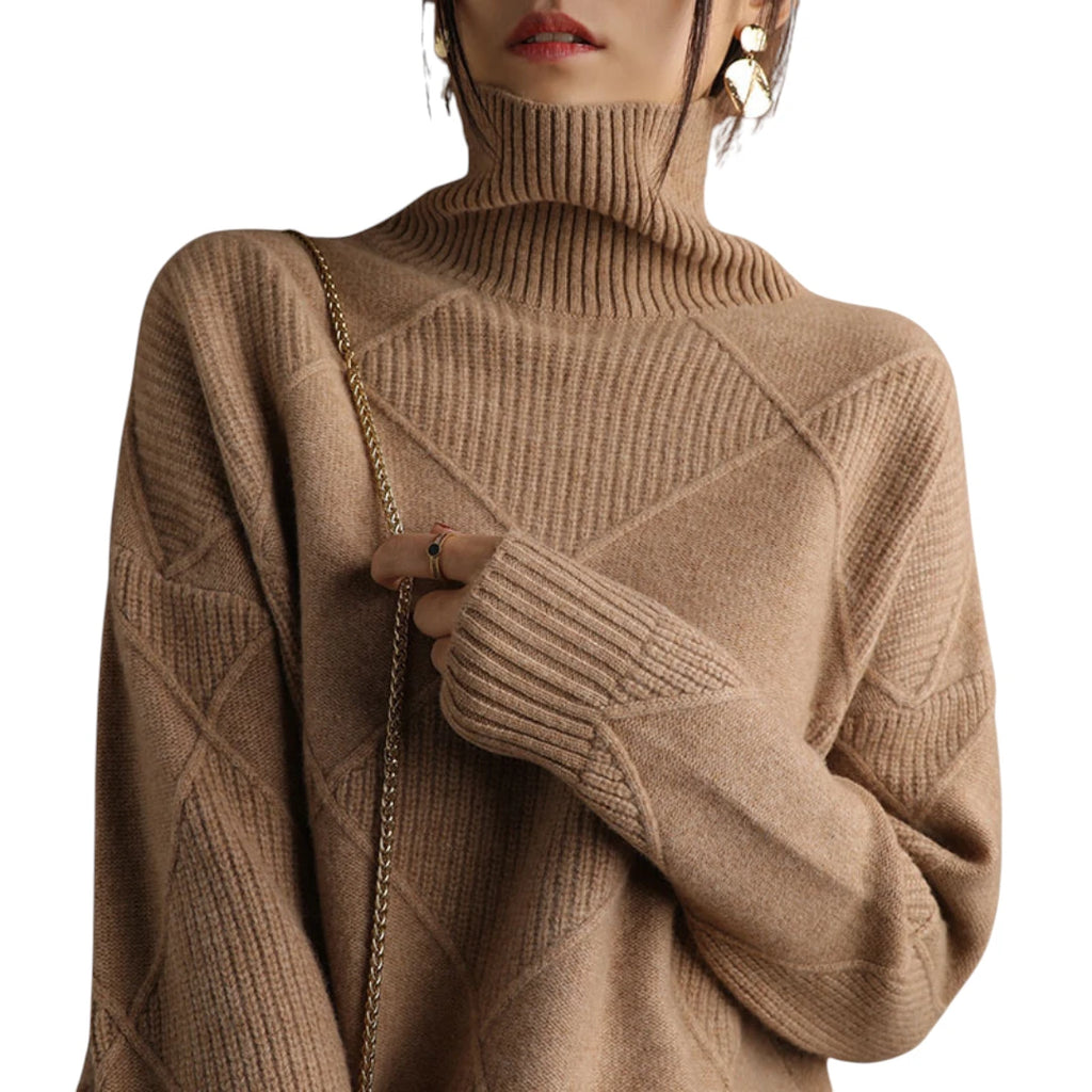 Dame Oversize Rullekrave Sweater med Ribbede Manchetter