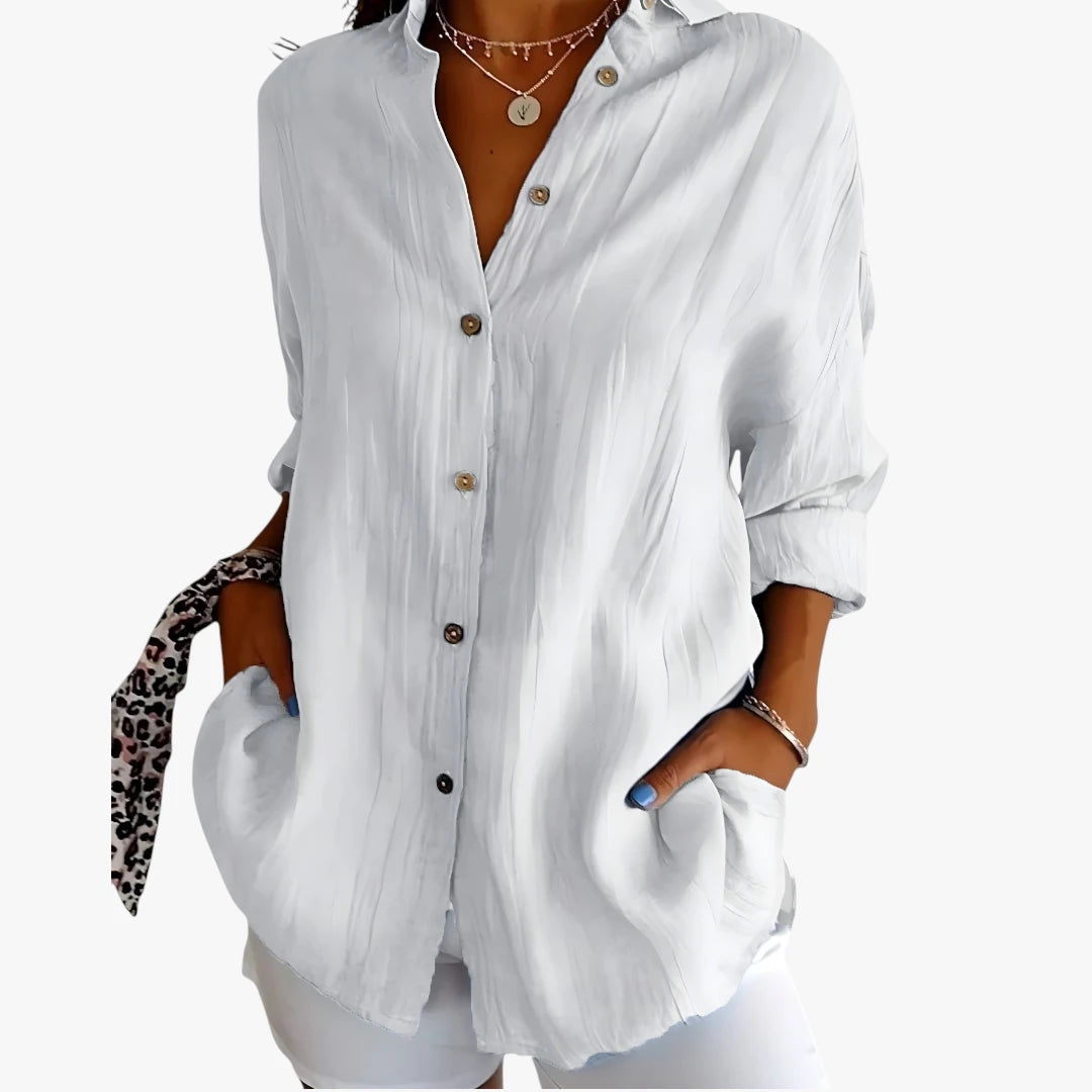 Dame Oversize Skjortebluse med Knapper og Krave
