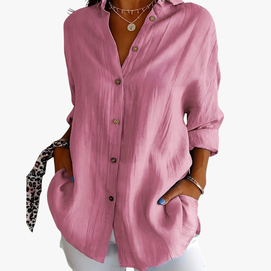 Dame Oversize Skjortebluse med Knapper og Krave