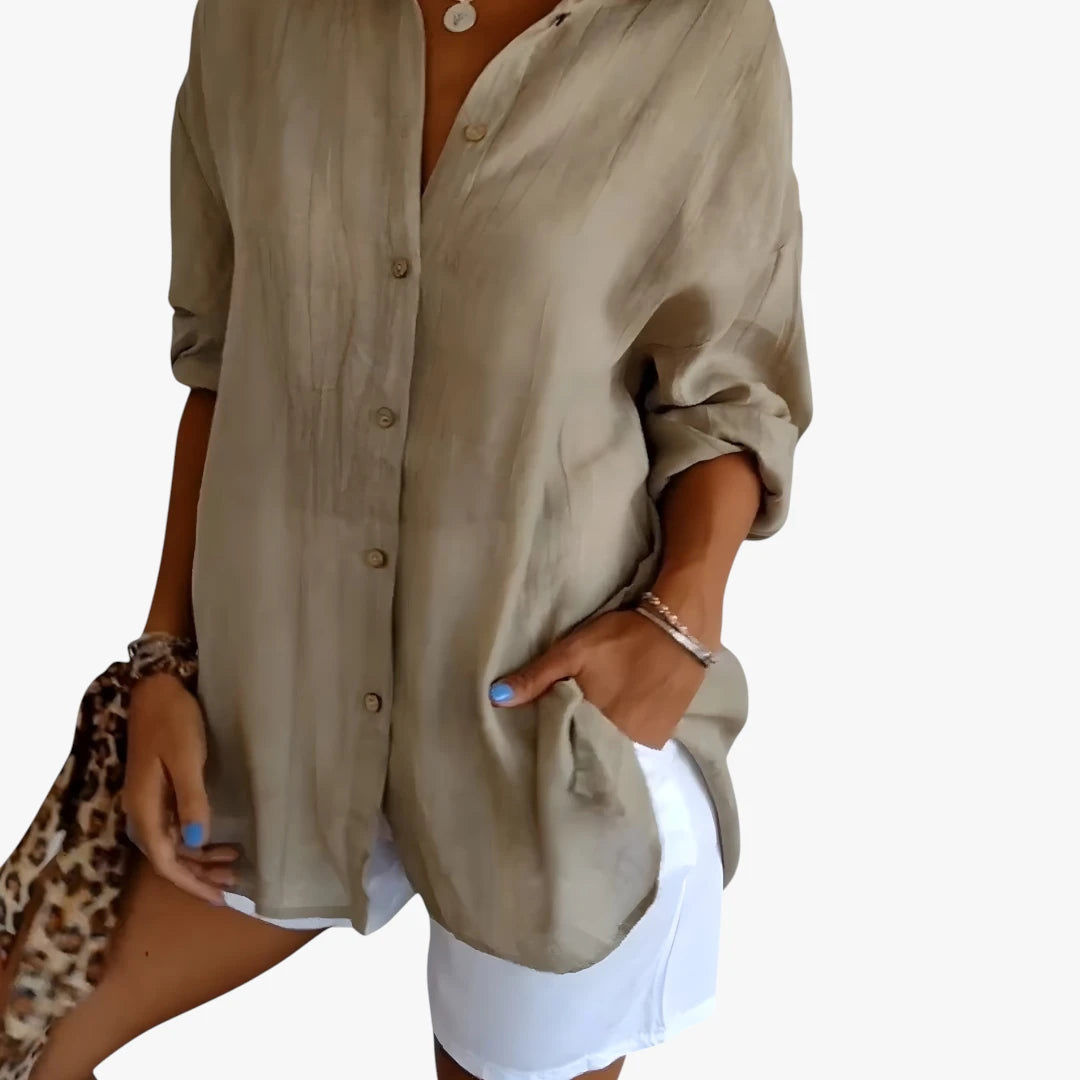 Dame Oversize Skjortebluse med Knapper og Krave