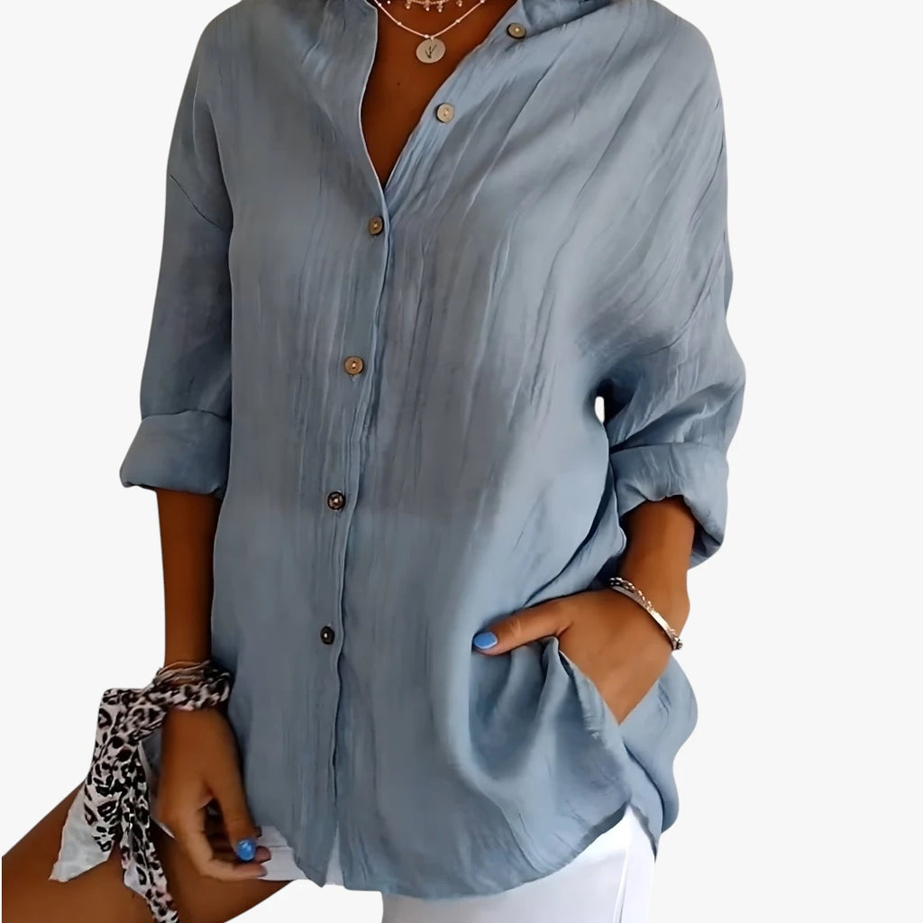 Dame Oversize Skjortebluse med Knapper og Krave