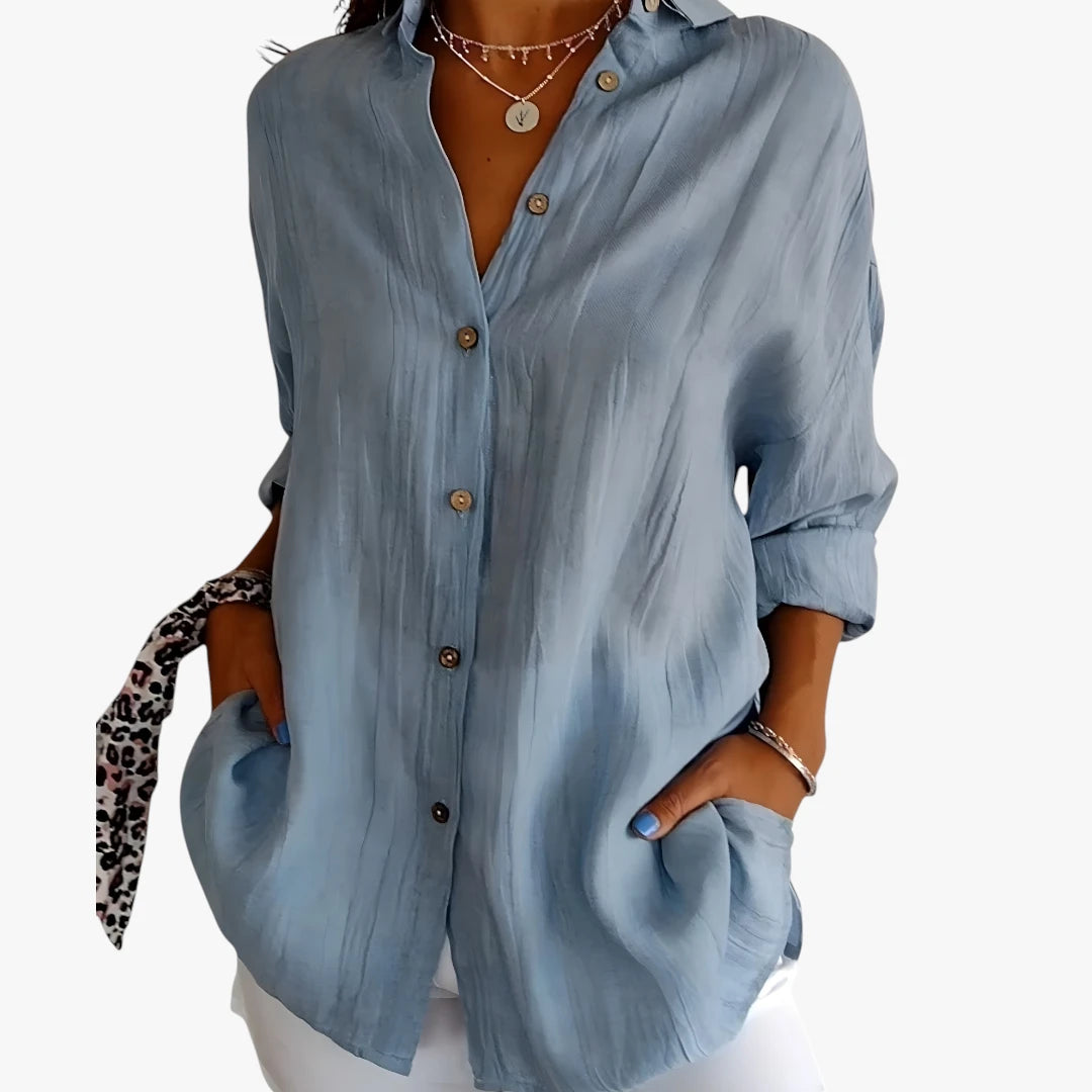 Dame Oversize Skjortebluse med Knapper og Krave