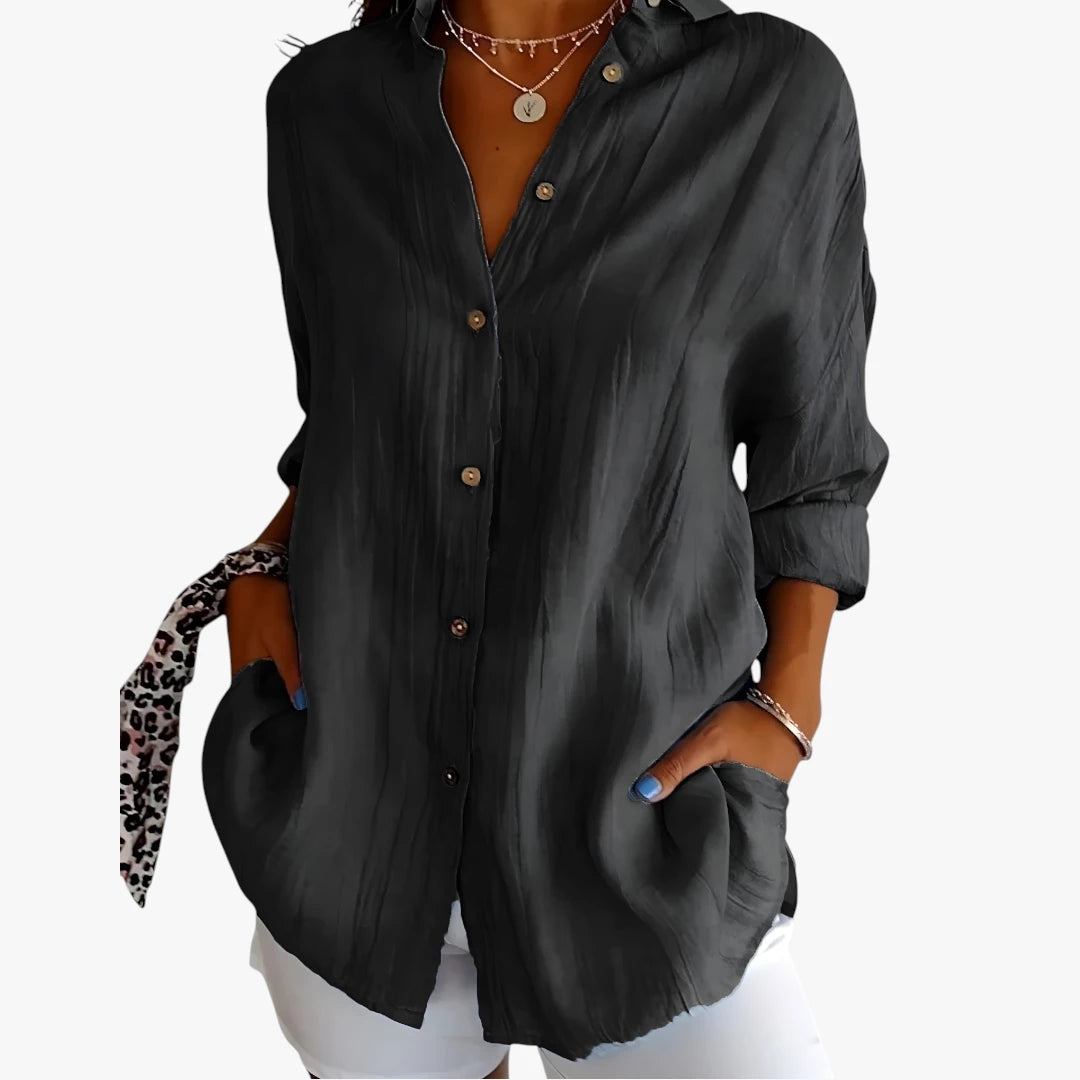 Dame Oversize Skjortebluse med Knapper og Krave