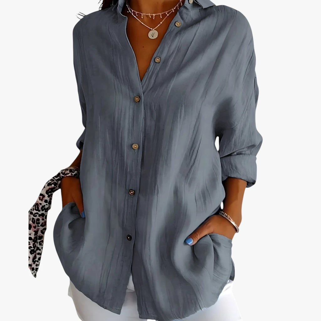 Dame Oversize Skjortebluse med Knapper og Krave