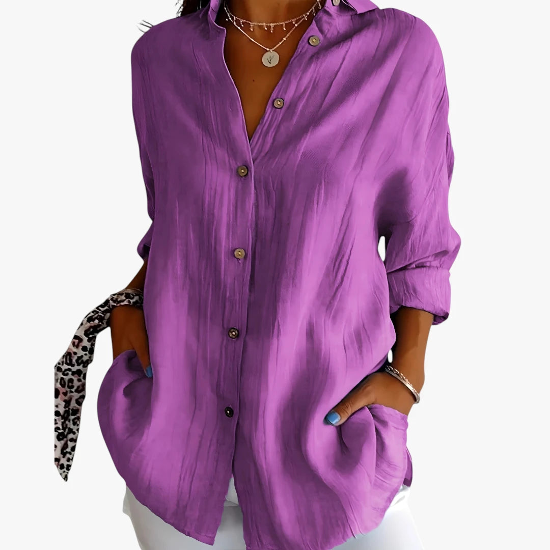 Dame Oversize Skjortebluse med Knapper og Krave