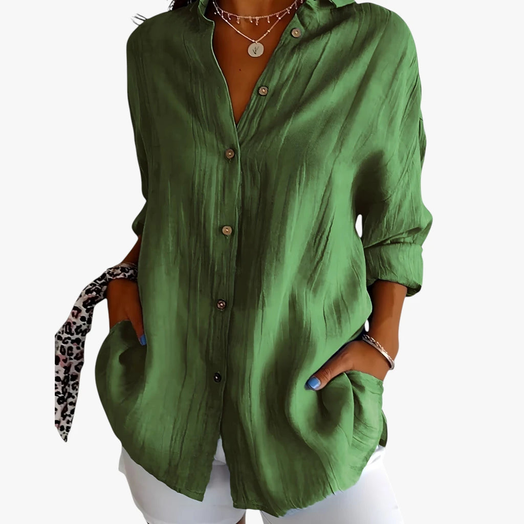 Dame Oversize Skjortebluse med Knapper og Krave