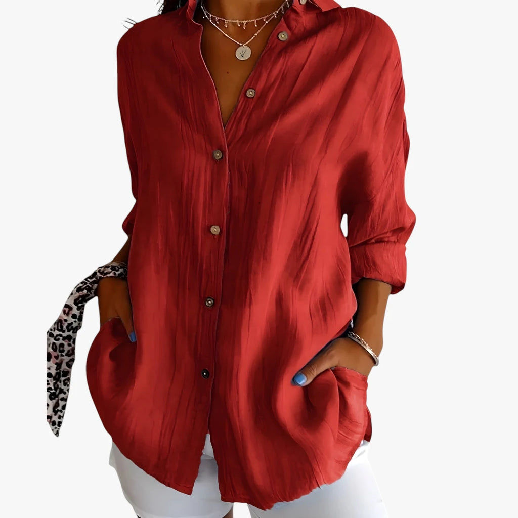 Dame Oversize Skjortebluse med Knapper og Krave