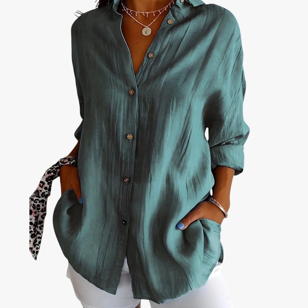 Dame Oversize Skjortebluse med Knapper og Krave