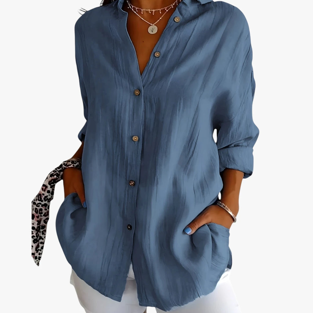 Dame Oversize Skjortebluse med Knapper og Krave