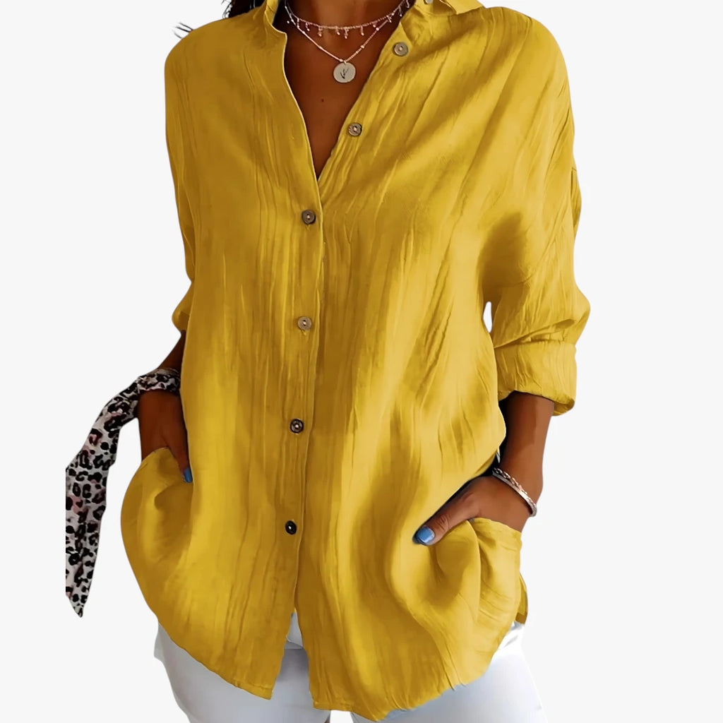 Dame Oversize Skjortebluse med Knapper og Krave